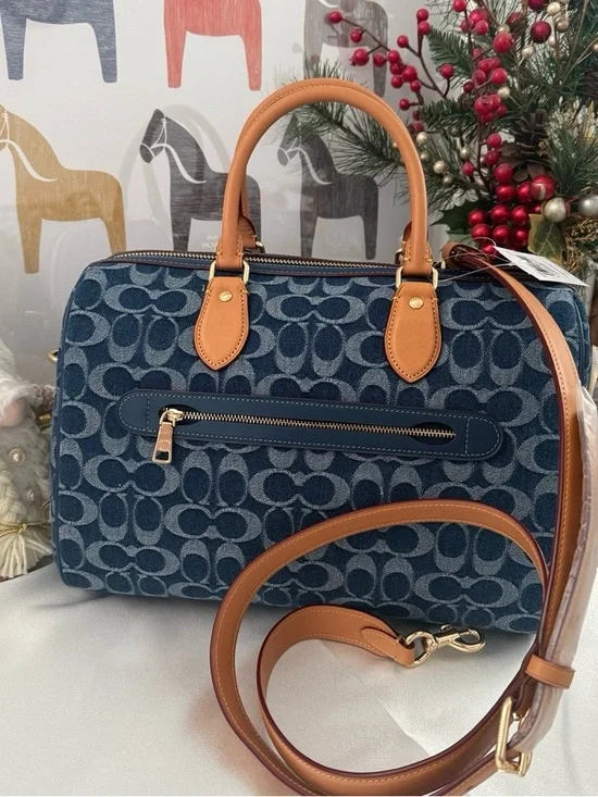 COACH Blue Signature Denim Satchel with Tan Leather Handles🦋🦋 - Picture 4 of 6